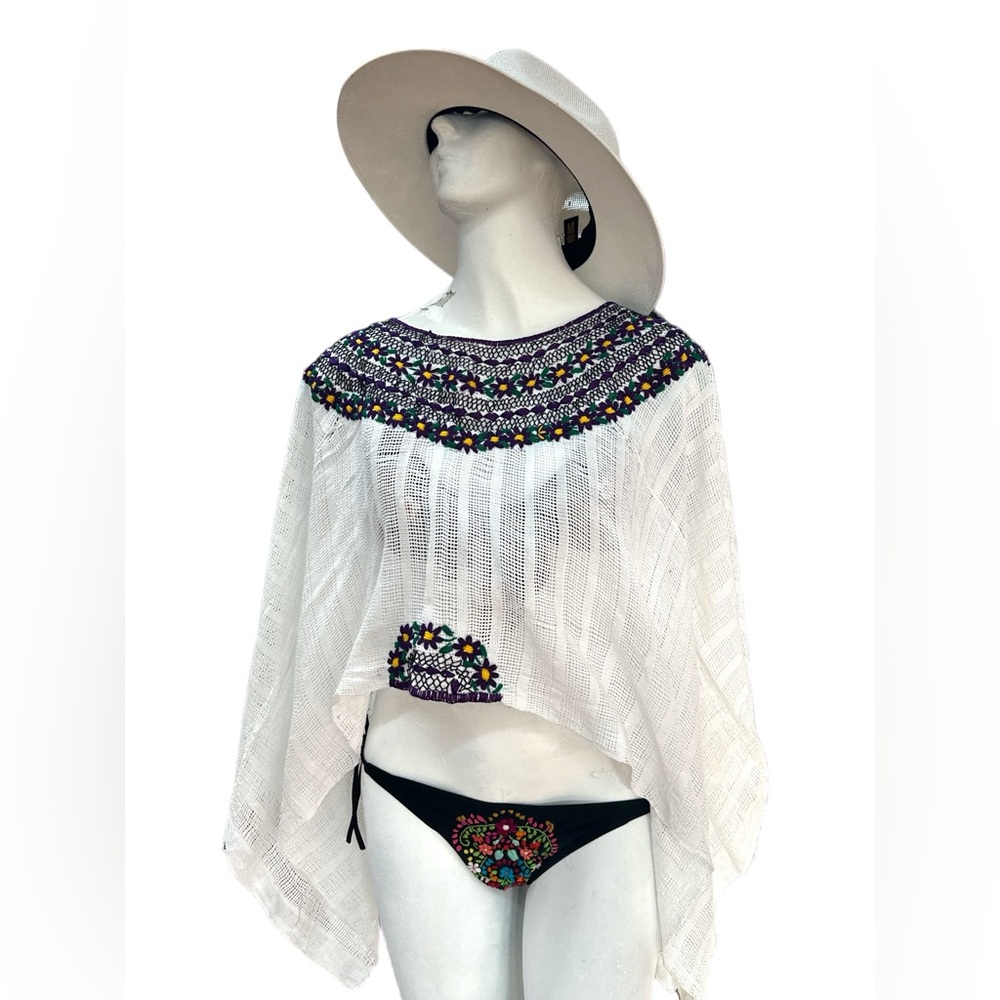 Mexican Poncho Top White Floral Embroidery